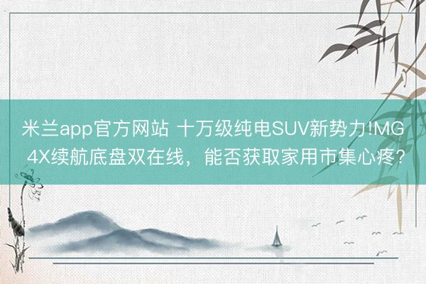 米兰app官方网站 十万级纯电SUV新势力!MG 4X续航底盘双在线，能否获取家用市集心疼?
